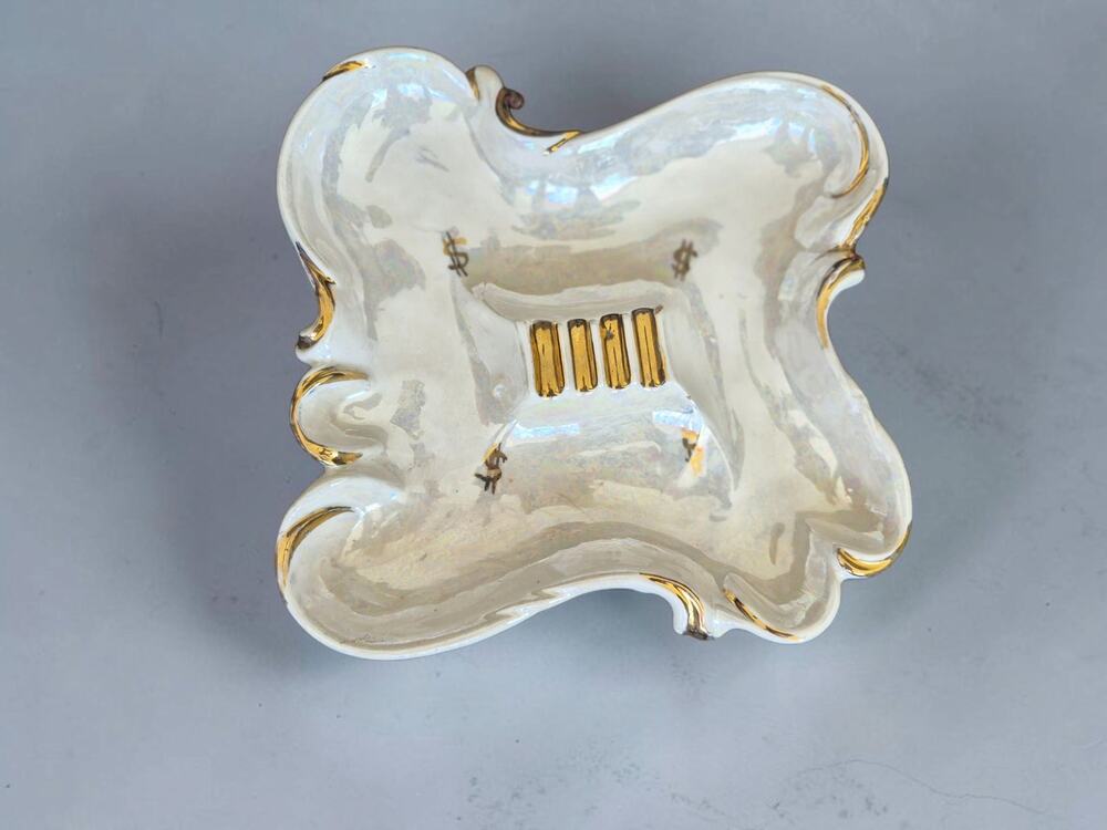 Vintage Large Iridescent Lusterware Ceramic Ashtray Gold Trim Dollar Signs